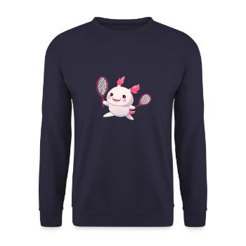 Süßes Kawaii Axolotl spielt Tennis - Unisex Pullover - Navy - Vorne - Alina (178cm) & Michal (187cm)