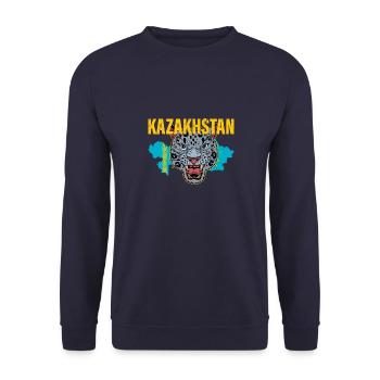 Schneeleopard National Symbol Kasachstan Jurte - Unisex Pullover - Navy - Vorne - Alina (178cm) & Michal (187cm)