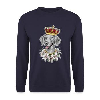 Weimaraner Hund mit Krone und schönen Lillien - Unisex Pullover - Navy - Vorne - Alina (178cm) & Michal (187cm)