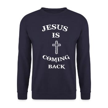 Jesus Christus Auferstehung Erlöser Messias Spruch - Unisex Pullover - Navy - Vorne - Alina (178cm) & Michal (187cm)