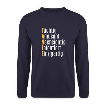Beste Tante Geschenkidee Buchstabe Eigenschaften - Unisex Pullover - Navy - Vorne - Alina (178cm) & Michal (187cm)