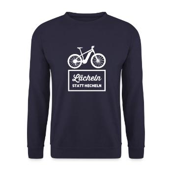 Lächeln statt hecheln E-MTB E-Bike Fahrer - Unisex Pullover - Navy - Vorne - Alina (178cm) & Michal (187cm)
