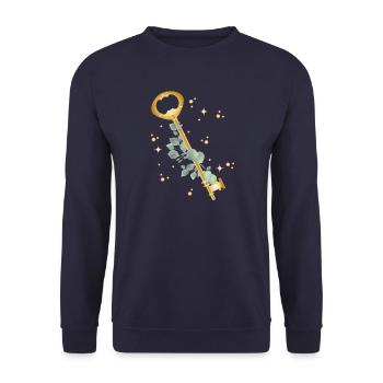 Goldener Schlüssel mit Eukalyptuszweig Motiv - Unisex Pullover - Navy - Vorne - Alina (178cm) & Michal (187cm)