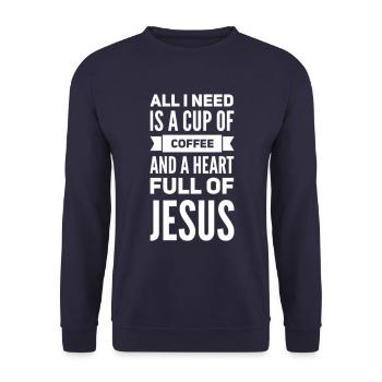 Tasse de café et cœur plein de Jésus - Sweat-shirt Unisexe - marine - Devant - Alina (178cm) & Michal (187cm)