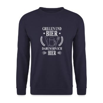Grillparty Grillen und Bier darum bin ich hier - Unisex Pullover - Navy - Vorne - Alina (178cm) & Michal (187cm)
