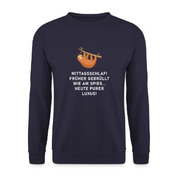Mittagsschlaf früher gehasst heute purer Luxus. - Unisex Pullover - Navy - Vorne - Alina (178cm) & Michal (187cm)