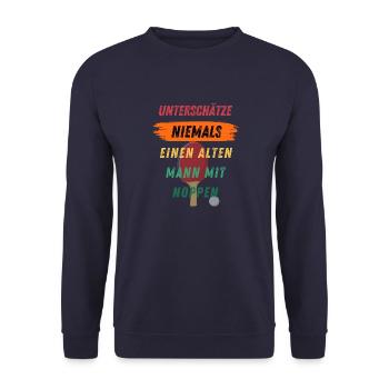 Unterschätze niemals einen alten Mann mit Noppen - Unisex Pullover - Navy - Vorne - Alina (178cm) & Michal (187cm)