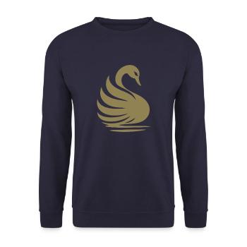Elegante Schwan-Silhouette: Anmut auf dem Wasser - Unisex Pullover - Navy - Vorne - Alina (178cm) & Michal (187cm)