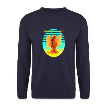 Leuchtend Orange Cyber Bird: Vogel der Glücklichen - Unisex Pullover - Navy - Vorne - Alina (178cm) & Michal (187cm)