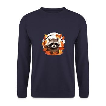 Herbstlicher Waschbär: Zwischen den Blättern - Unisex Pullover - Navy - Vorne - Alina (178cm) & Michal (187cm)
