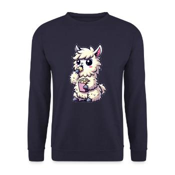 Lama mit Popcorn, Kino Karneval - Unisex Pullover - Navy - Vorne - Alina (178cm) & Michal (187cm)