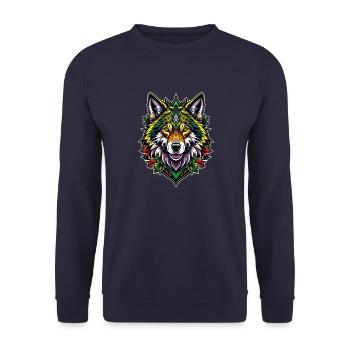 Farbenfrohe Wolfsillustration - Unisex Pullover - Navy - Vorne - Alina (178cm) & Michal (187cm)