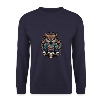 Dekorative bunte Eule mit Schädel - Unisex Pullover - Navy - Vorne - Alina (178cm) & Michal (187cm)