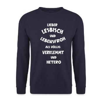 Lesbisch Toleranz Lesben LGBQT Pride Spruch - Unisex Pullover - Navy - Vorne - Alina (178cm) & Michal (187cm)