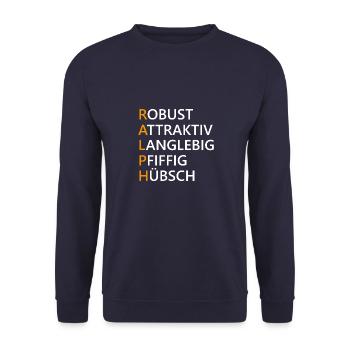 Ralph Name Geschenk - Unisex Pullover - Navy - Vorne - Alina (178cm) & Michal (187cm)