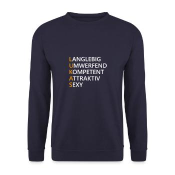 Lukas Name Geschenk - Unisex Pullover - Navy - Vorne - Alina (178cm) & Michal (187cm)