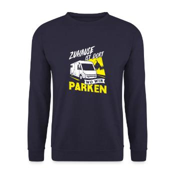 Zuhause ist dort wo wir parken - Camper Wohnmobil - Unisex Pullover - Navy - Vorne - Alina (178cm) & Michal (187cm)