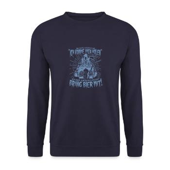 Bring Bier Mit! Bier Sensenmann T-Shirt - Unisex Pullover - Navy - Vorne - Alina (178cm) & Michal (187cm)