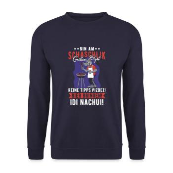 Bin Am Schaschlik Grillen Russe Russland Spruch - Unisex Pullover - Navy - Vorne - Alina (178cm) & Michal (187cm)
