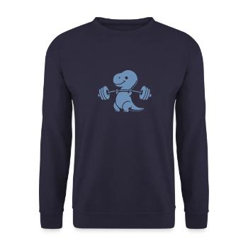 T-Rex mit Hantel Workout - Unisex Pullover - Navy - Vorne - Alina (178cm) & Michal (187cm)