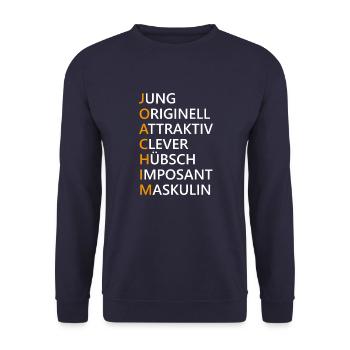 Joachim Name Geschenk - Unisex Pullover - Navy - Vorne - Alina (178cm) & Michal (187cm)