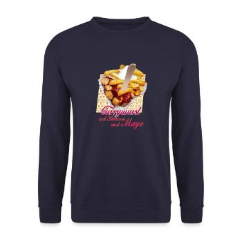 vom Grafikdesigner--Currywurst mit Pommes und Mayo - Unisex Pullover - Navy - Vorne - Alina (178cm) & Michal (187cm)