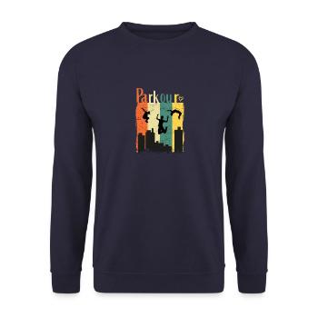 Parkour avec parkour runner dans un style rétro - Sweat-shirt Unisexe - marine - Devant - Alina (178cm) & Michal (187cm)