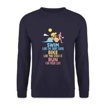 Triathlon Swim Bike Run Retro Triathlète - Sweat-shirt Unisexe - marine - Devant - Alina (178cm) & Michal (187cm)