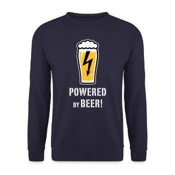 Powered By Beer! (Bier / Blitz / NEG) - Unisex Pullover - Navy - Vorne - Alina (178cm) & Michal (187cm)