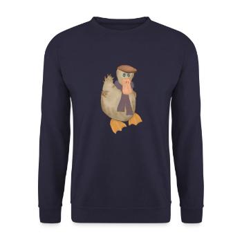 Running duck, Laufente mit Schal, Enten Pulli - Unisex Pullover - Navy - Vorne - Alina (178cm) & Michal (187cm)