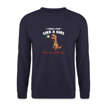Ich weiß, ich spiele Volleyball wie ein Mädchen - - Unisex Pullover - Navy - Vorne - Alina (178cm) & Michal (187cm)