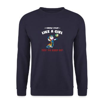 Ich weiß, ich spiele Volleyball wie ein Mädchen - - Unisex Pullover - Navy - Vorne - Alina (178cm) & Michal (187cm)