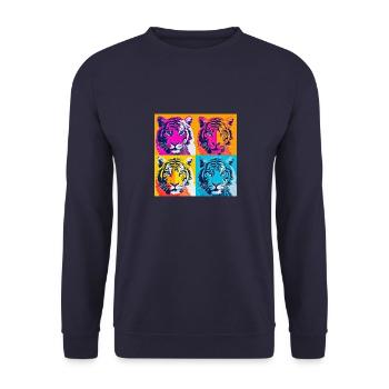 Bunte Tigermajestät: Lebendiges Pop-Art-T-Shirt - Unisex Pullover - Navy - Vorne - Alina (178cm) & Michal (187cm)
