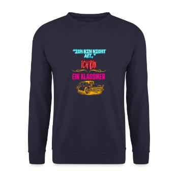 "ICH BIN NICHT ALT ICH BIN EIN KLASSIKER" - Unisex Pullover - Navy - Vorne - Alina (178cm) & Michal (187cm)