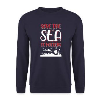 save the ocean spruch - Unisex Pullover - Navy - Vorne - Alina (178cm) & Michal (187cm)