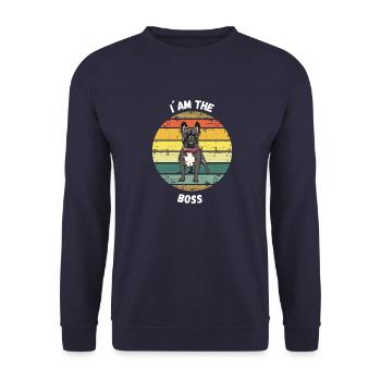 I am the Boss Französche Bulldogge - Unisex Pullover - Navy - Vorne - Alina (178cm) & Michal (187cm)