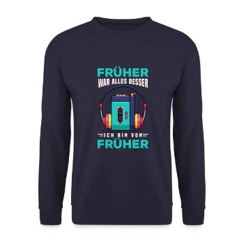70s, 80s und 90s Jahre Musik Retro Walkman - Unisex Pullover - Navy - Vorne - Alina (178cm) & Michal (187cm)