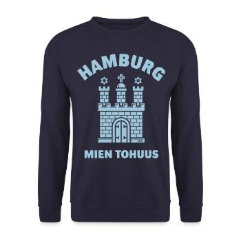 Hamburg Wappen – Mien Tohuus (Plattdeutsch) - Unisex Pullover - Navy - Vorne - Alina (178cm) & Michal (187cm)