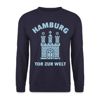 Hamburg Wappen – Tor Zur Welt - Unisex Pullover - Navy - Vorne - Alina (178cm) & Michal (187cm)