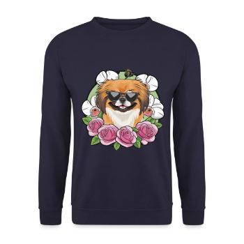 Cartoon Pekinese mit Orchideen und Rosen - Unisex Pullover - Navy - Vorne - Alina (178cm) & Michal (187cm)