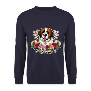 Bernhardiner Cartoon Hund mit Rosen und Lillien - Unisex Pullover - Navy - Vorne - Alina (178cm) & Michal (187cm)