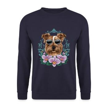Norfolk Terrier with Sunglasses and Orchids - Unisex Sweatshirt - navy - Front - Alina (178cm) & Michal (187cm)