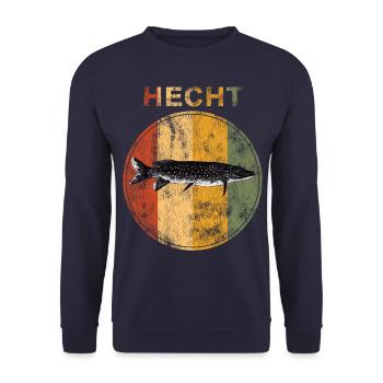 Hecht angeln Fischen mit Angelrute Angler Geschenk - Unisex Pullover - Navy - Vorne - Alina (178cm) & Michal (187cm)