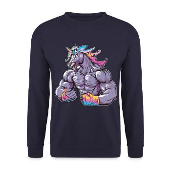 Einhorn Muskeln Bodybuilding - Unisex Pullover - Navy - Vorne - Alina (178cm) & Michal (187cm)