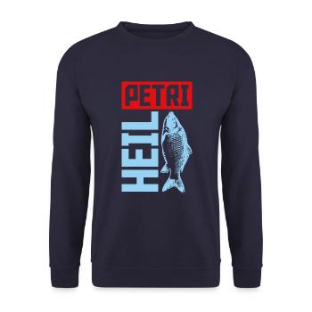 Petri Heil Fischen Angeln Spruch - Unisex Pullover - Navy - Vorne - Alina (178cm) & Michal (187cm)