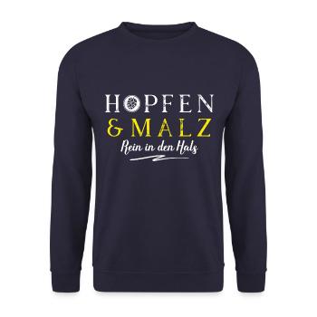 Hopfen Malz in Hals Brauer - Unisex Pullover - Navy - Vorne - Alina (178cm) & Michal (187cm)