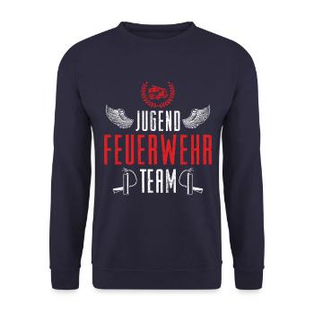 Jugend Feuerwehr Team Feuerwehrmann - Unisex Pullover - Navy - Vorne - Alina (178cm) & Michal (187cm)