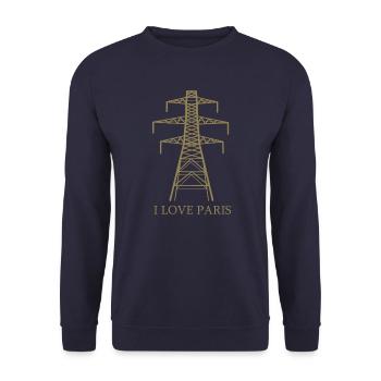Strommast als Eiffelturm "I Love Paris" Satire - Unisex Pullover - Navy - Vorne - Alina (178cm) & Michal (187cm)