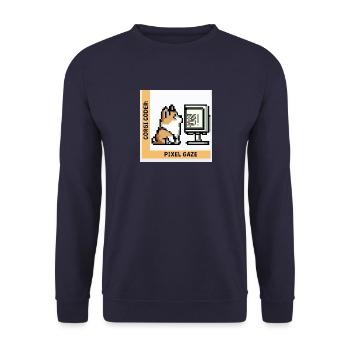 Corgi Coder: Pixel Gaze - Unisex Pullover - Navy - Vorne - Alina (178cm) & Michal (187cm)