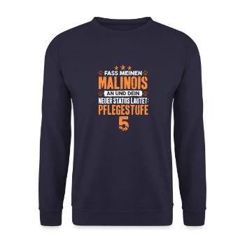 Malinois Hund Geschenk T-Shirt Pflegestufe - Unisex Pullover - Navy - Vorne - Alina (178cm) & Michal (187cm)